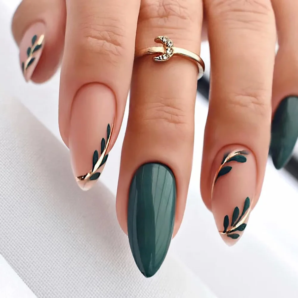 Press on Nails Pointed Medium Length, Full Cover Reusable Glossy False Nails Kits, Glue on Nails with Green Leaf Designs, Artificial Finger Acrylic Fake Nails for Women Stick on Nails Almond Shape