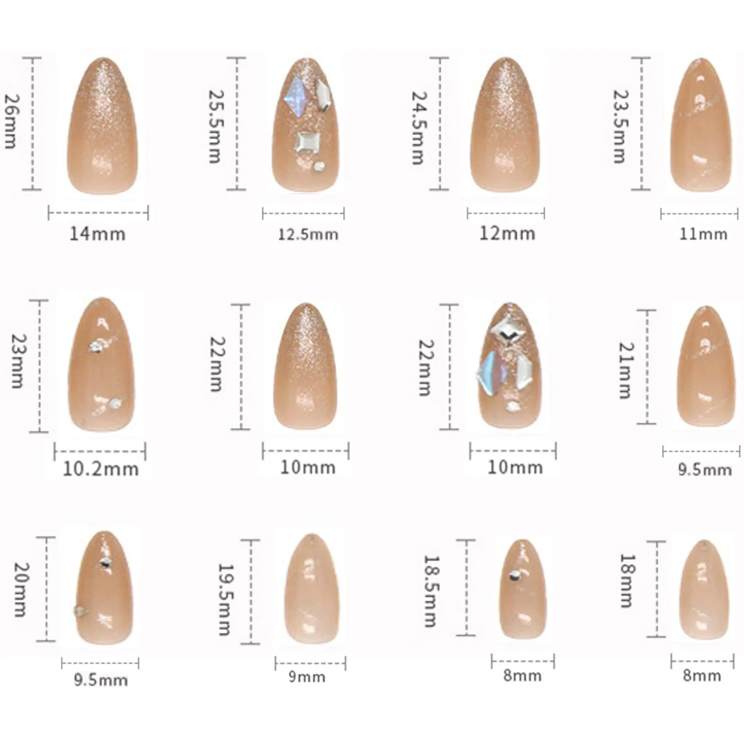 Press on Nails Pointed Medium Length, 24PCS Full Cover Reusable False Nails Kits, Glue on Nails with Rhinestone Designs, Artificial Fingernails Acrylic Fake Nails for Women Stick on Nails Almond Shape