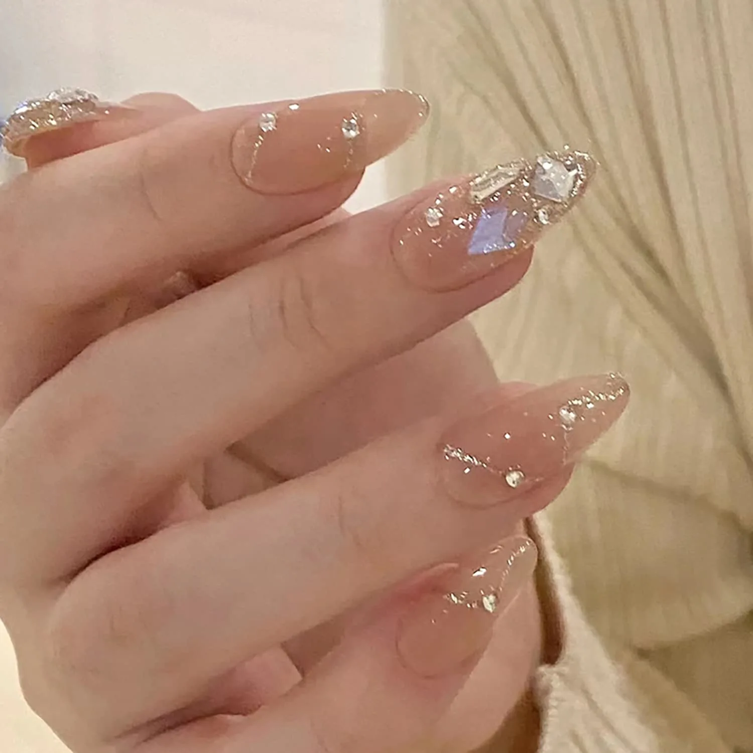 Press on Nails Pointed Medium Length, 24PCS Full Cover Reusable False Nails Kits, Glue on Nails with Rhinestone Designs, Artificial Fingernails Acrylic Fake Nails for Women Stick on Nails Almond Shape