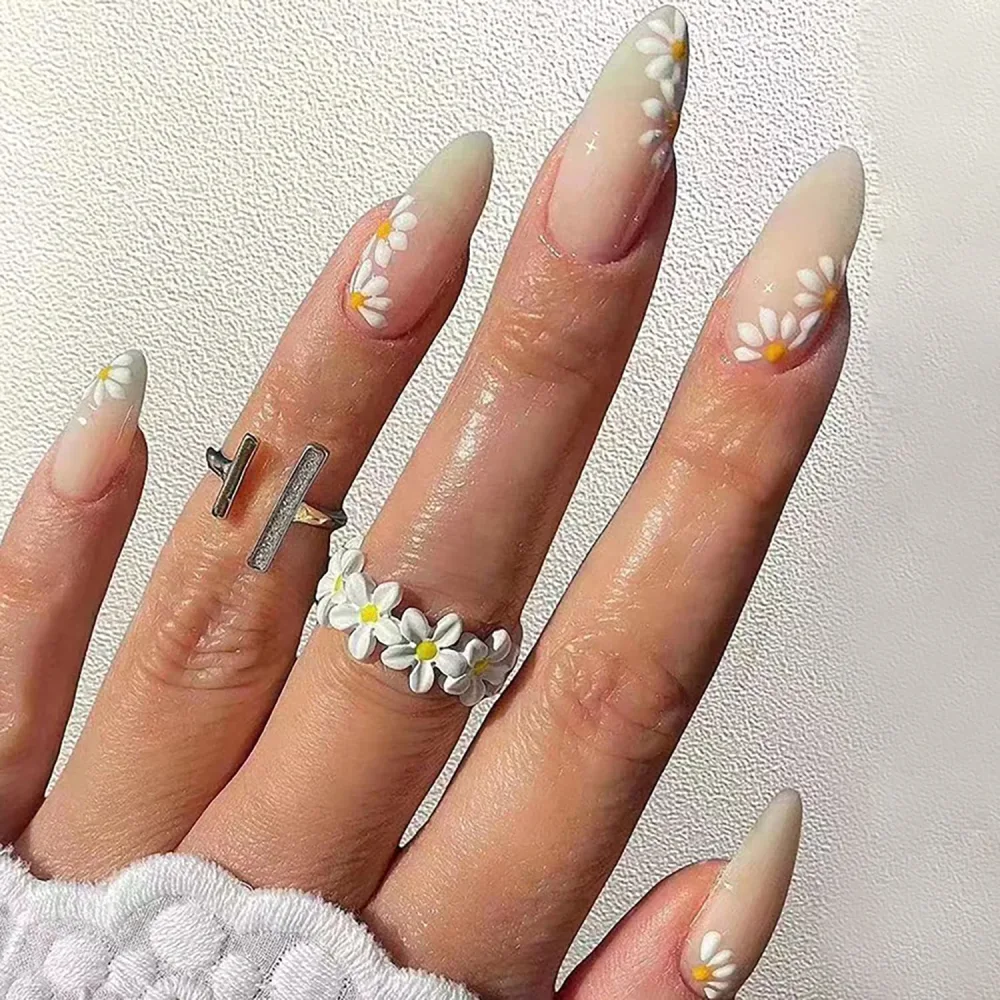 24PCS Full Cover Reusable Glossy False Nails Kits, Press on Nails Pointed Medium Length Glue on Nails with Daisy Designs Artificial Fingernails Acrylic Fake Nails for Women Stick on Nails Almond Shape