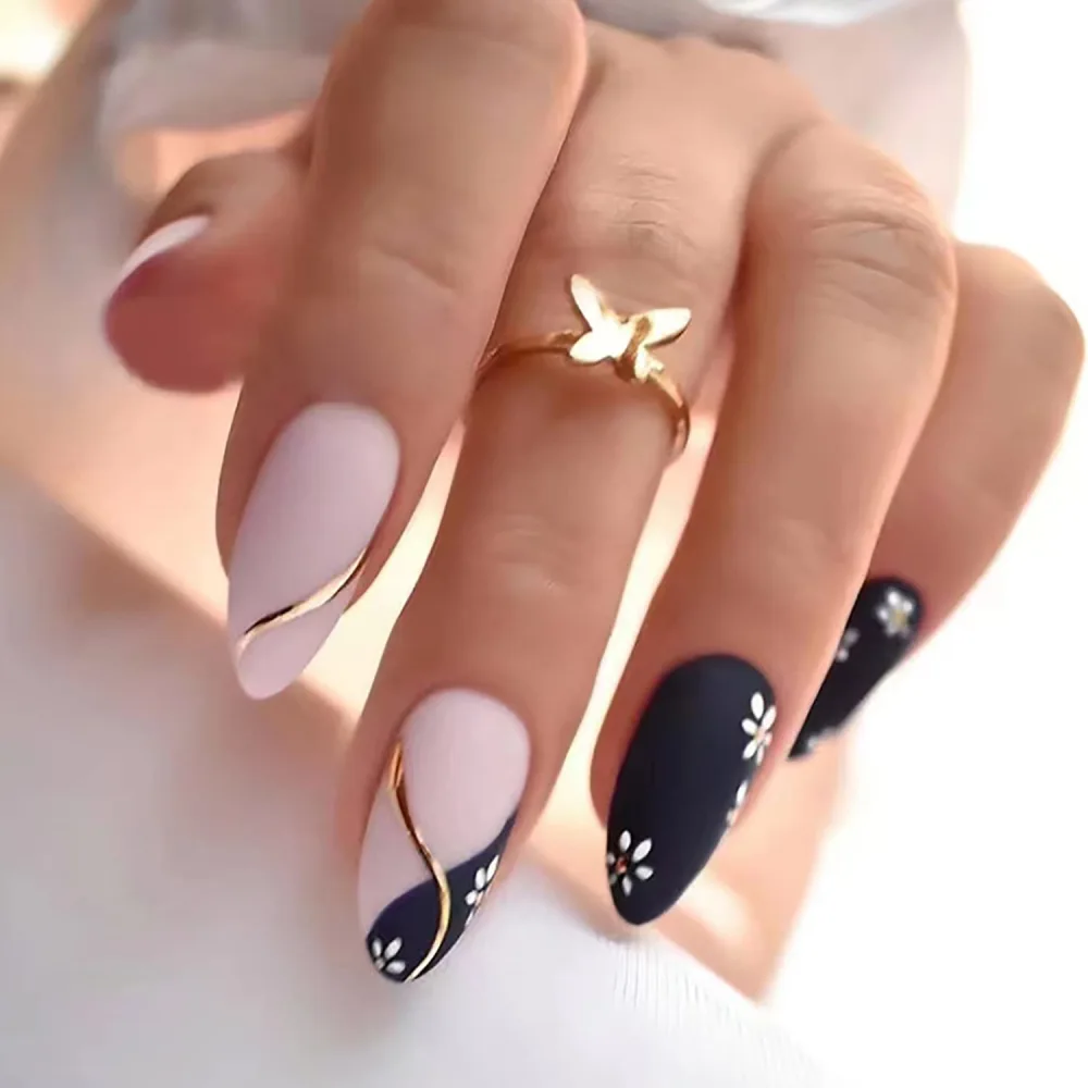 Press on Nails Pointed with Flower Designs, Medium Length Full Cover Reusable Glossy False Nails Kits Glue on Nails Almond Shape Artificial Fingernails Acrylic Fake Nails Stick on Nails with Charms