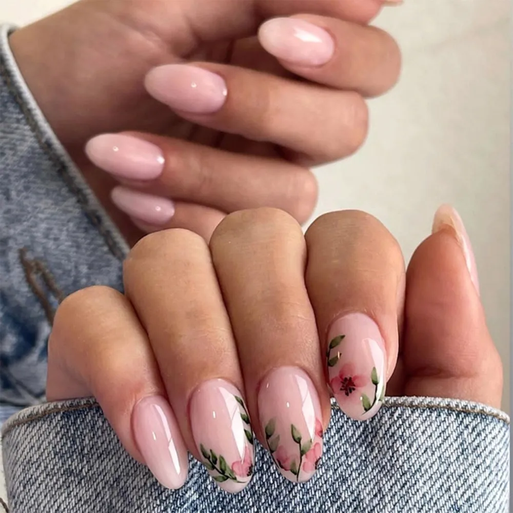 Light Pink Press on Nails Short Almond Fake Nails Vine Flowers Acrylic Nails Glossy Full Cover False Nails Cute Nails Short Oval & Spring Glue on Nails for Women 24 Pcs