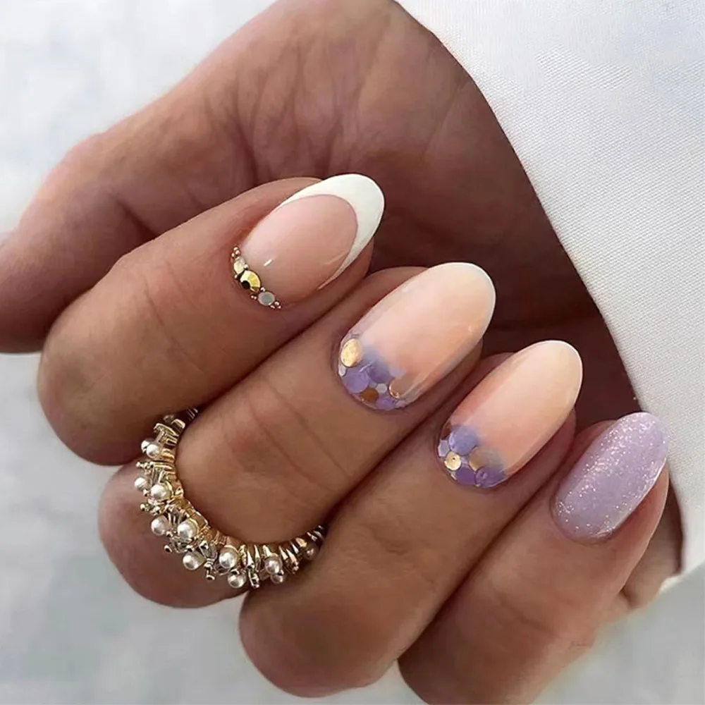 Short Press on Nails Oval White French Tip Fake Nails Glossy & Rhinestones Glue on Nails White & Taro Purple Full Cover Acrylic Nails Simple False Nails with Designs for Women 24 Pcs