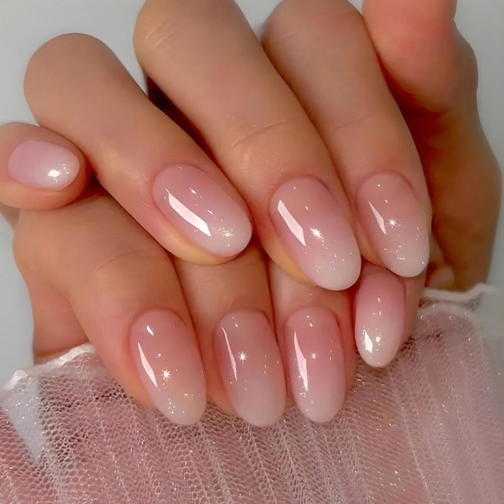 Pink White Press on Nails Short Oval Fake Nails with Simple Designs Ombre Translucent Glue on Nails Glossy Daily Artificial Natural False Nails Cute Stick on Nails for Women 24 Pcs