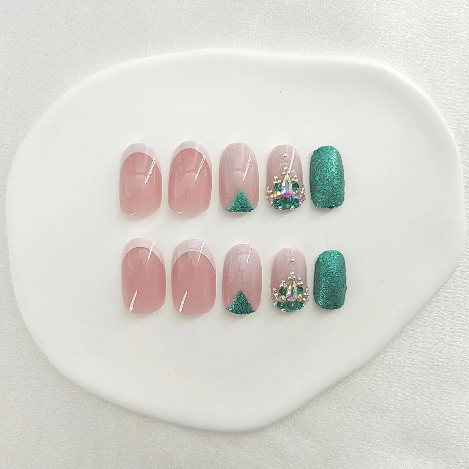 Oval Press on Nails Short White French Tip Fake Nails Green Glitter Acrylic Nails Nude Full Cover False Nails Silver Rhinestones Artificial Nails Ombre Nails Glossy Stick on Nails for Women 24 Pcs
