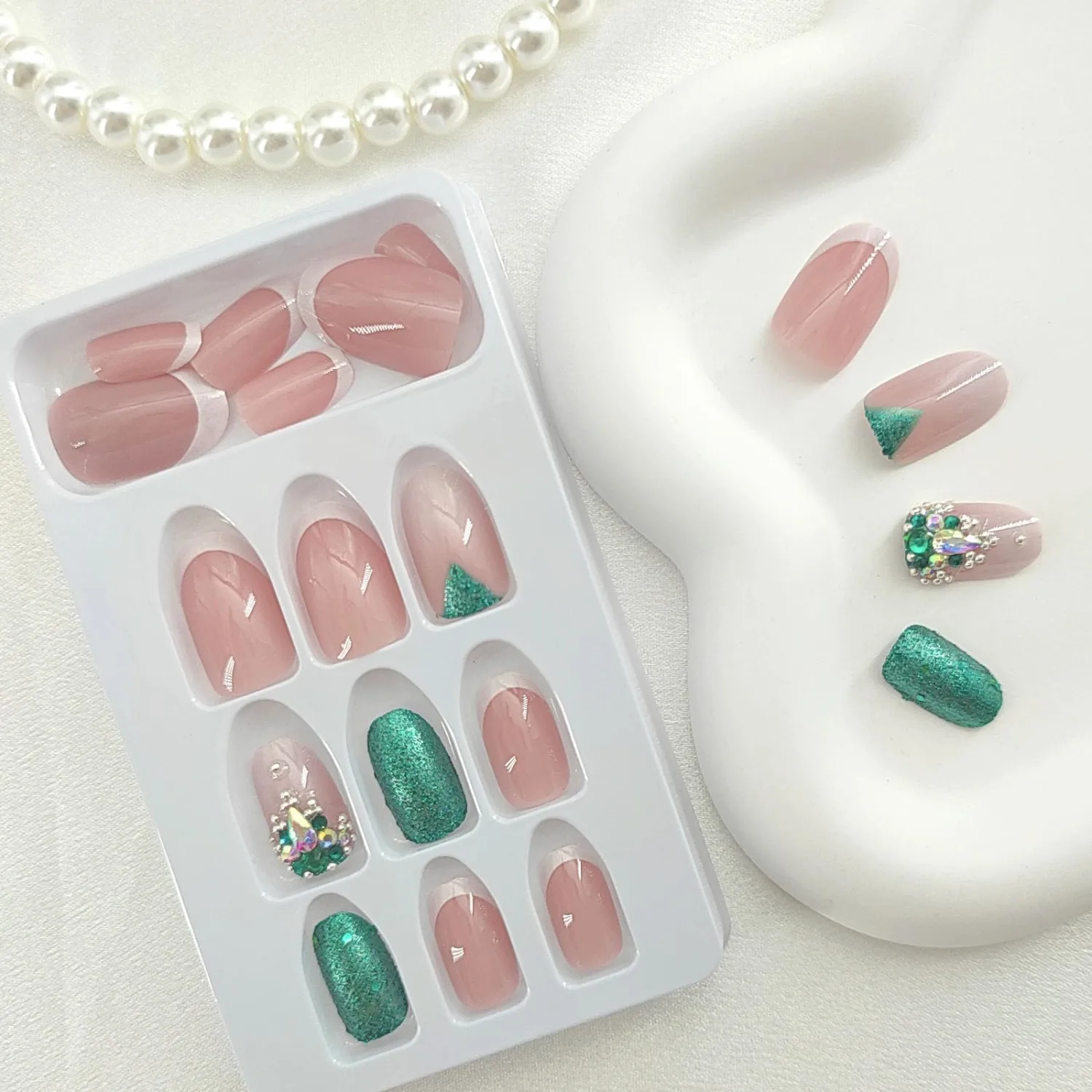 Oval Press on Nails Short White French Tip Fake Nails Green Glitter Acrylic Nails Nude Full Cover False Nails Silver Rhinestones Artificial Nails Ombre Nails Glossy Stick on Nails for Women 24 Pcs