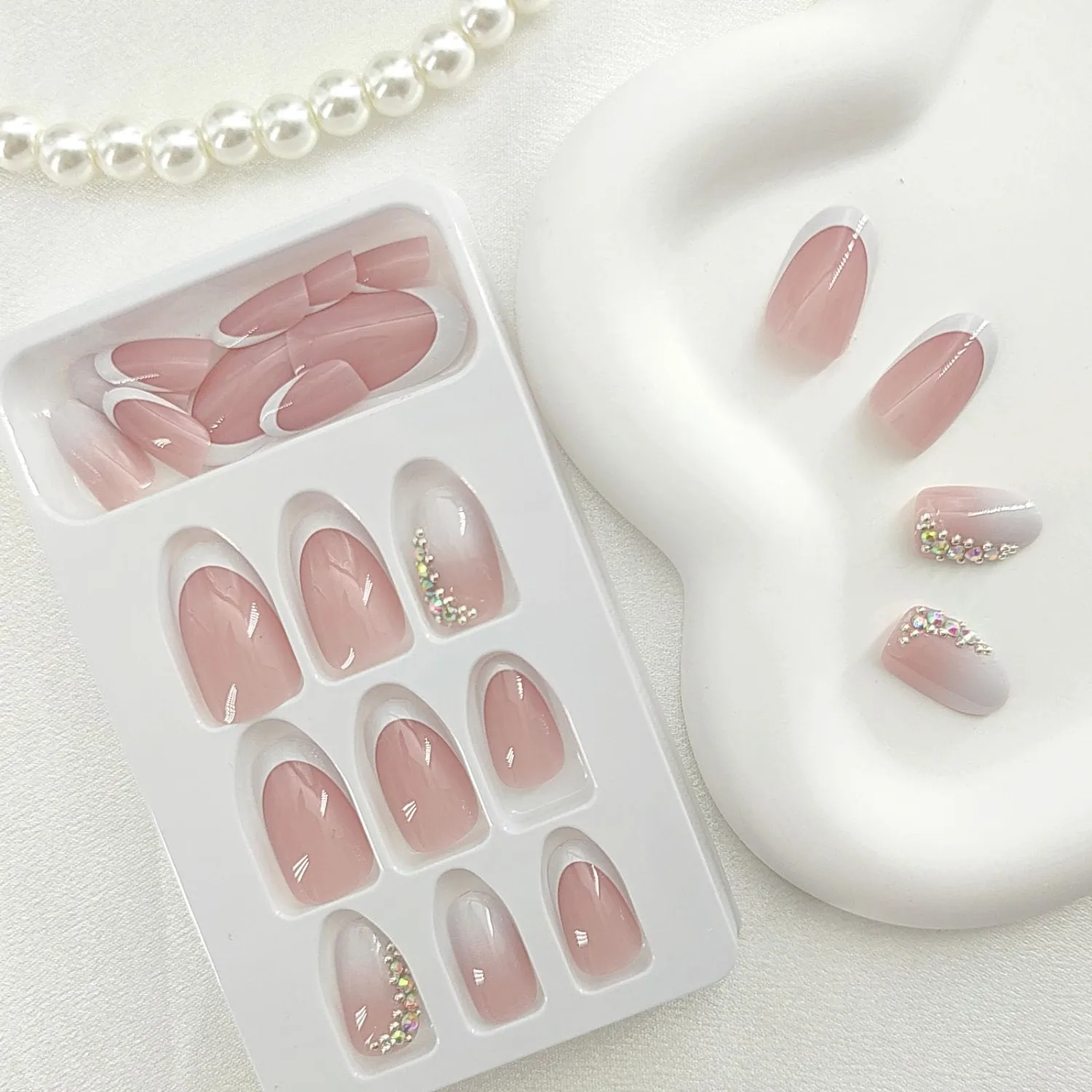 Almond Press on Nails Short White French Tip Glue on Nails Ombre Fake Nails Glossy False Nails Nude Full Cover Acrylic Nails Rhinestones Artificial Nails Simple Stick on Nails for Women 24 Pcs