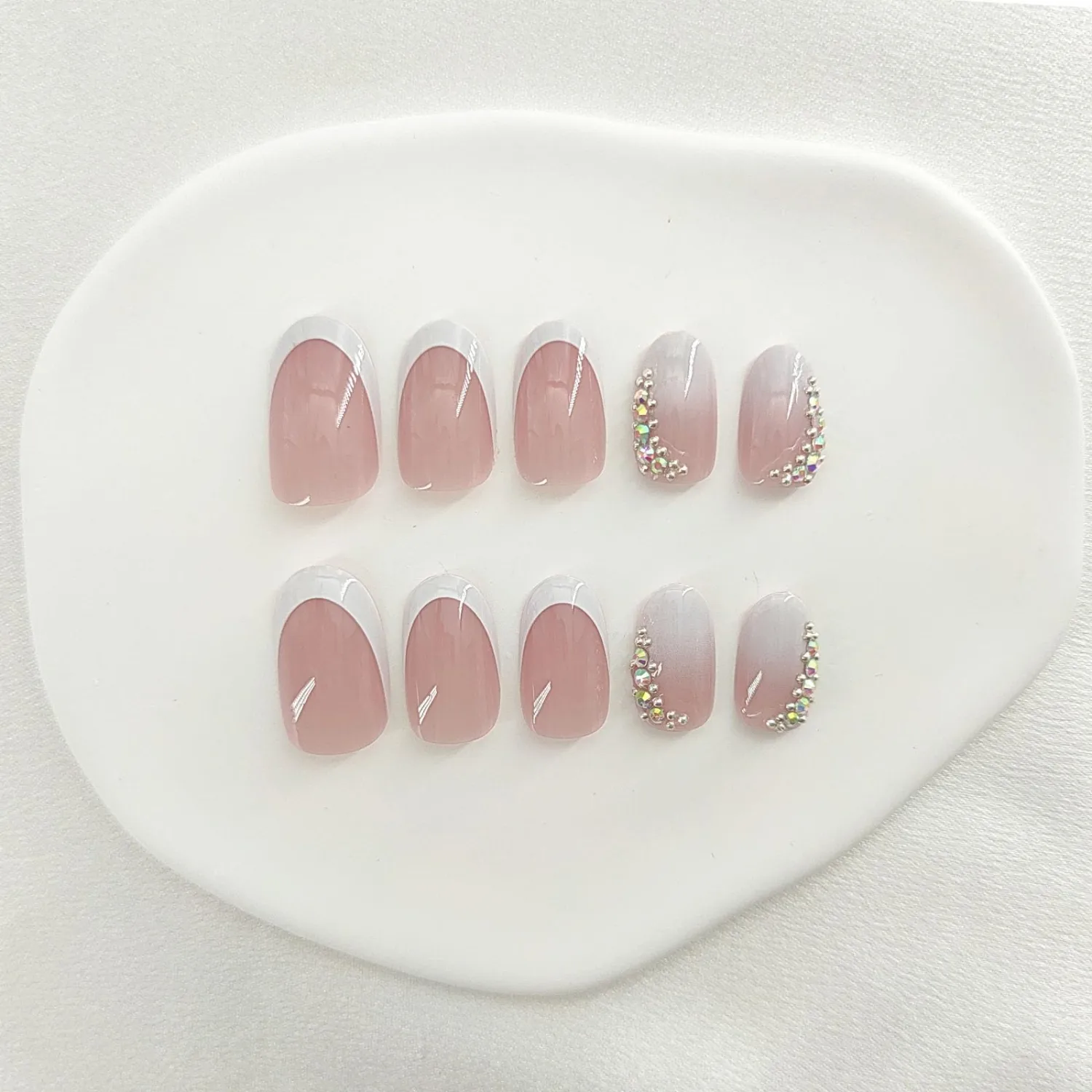 Almond Press on Nails Short White French Tip Glue on Nails Ombre Fake Nails Glossy False Nails Nude Full Cover Acrylic Nails Rhinestones Artificial Nails Simple Stick on Nails for Women 24 Pcs