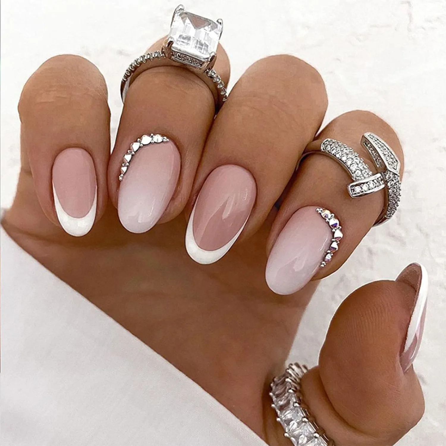Almond Press on Nails Short White French Tip Glue on Nails Ombre Fake Nails Glossy False Nails Nude Full Cover Acrylic Nails Rhinestones Artificial Nails Simple Stick on Nails for Women 24 Pcs