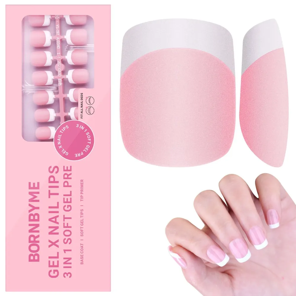 Gel Nail Tips, BORNBYME Short Square Pink French Tip Soft Gel Matte Nails 120PCS 15 Sizes Press on Nails for Nail Extension Pre-applied Primer & Base Coat