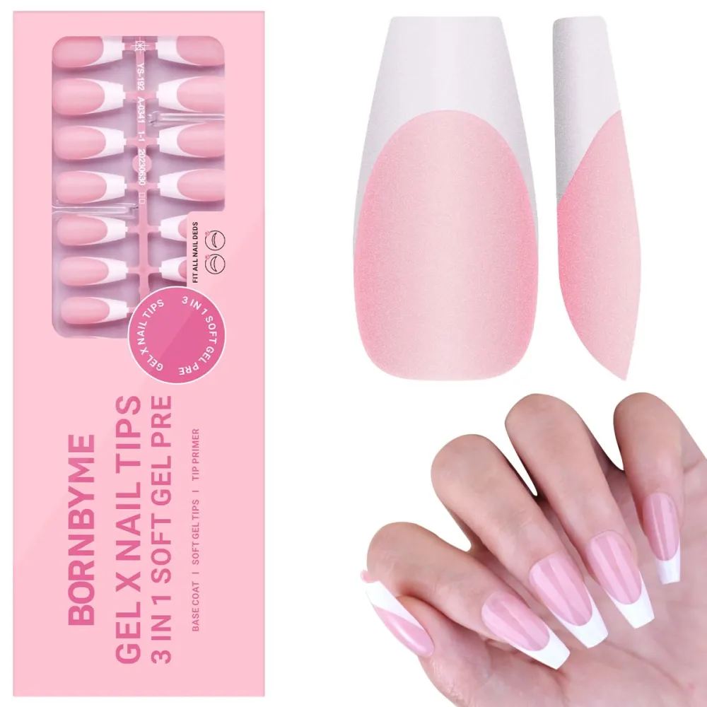 Gel Nail Tips, BORNBYME Long Coffin Pink French Tip Soft Gel Matte Nails 120PCS 15 Sizes Press on Nails for Nail Extension Pre-applied Primer & Base Coat