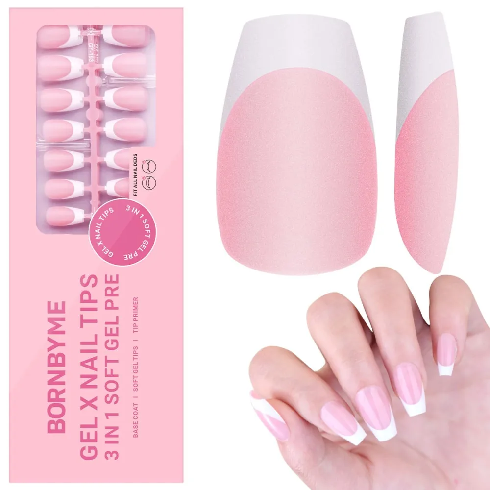 Gel Nail Tips, BORNBYME Short Coffin Pink French Tip Soft Gel Matte Nails 120PCS 15 Sizes Press on Nails for Nail Extension Pre-applied Primer & Base Coat