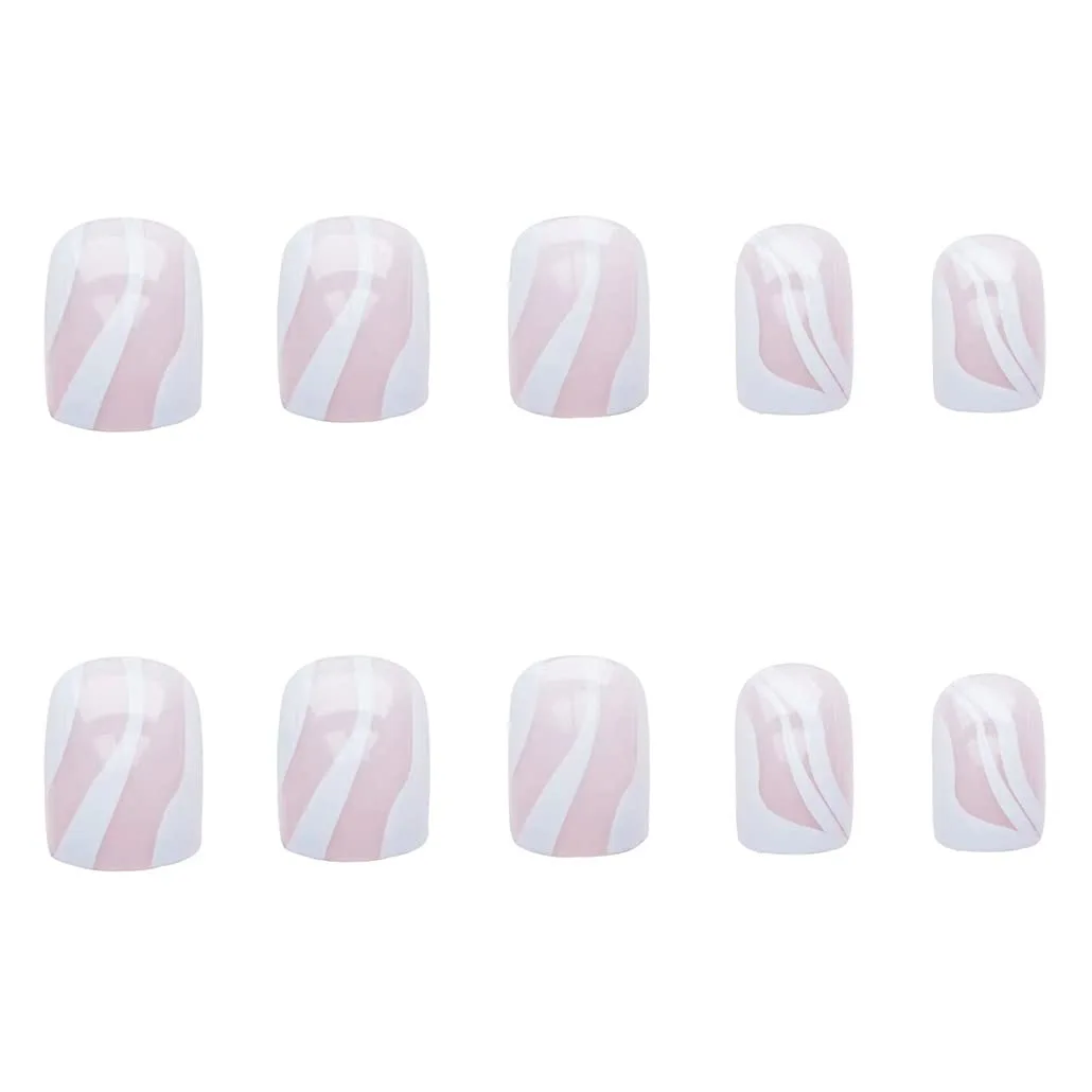 Press on Nails Acrylic White Square Fake Nails Short Simple Swirls Cute Women's False Nails with Design Nail Tips for Women&Girls, 24PCS