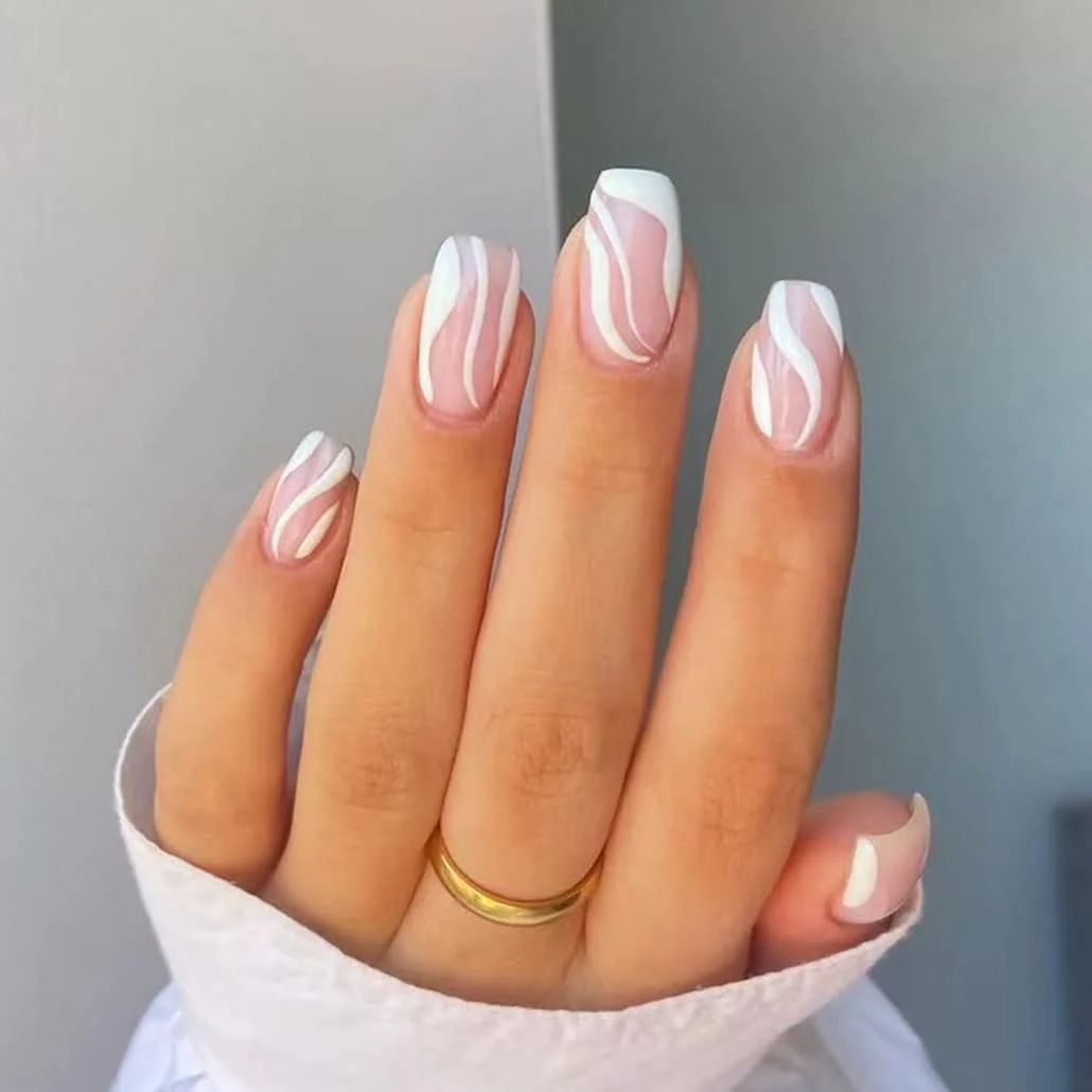 Press on Nails Acrylic White Square Fake Nails Short Simple Swirls Cute Women's False Nails with Design Nail Tips for Women&Girls, 24PCS