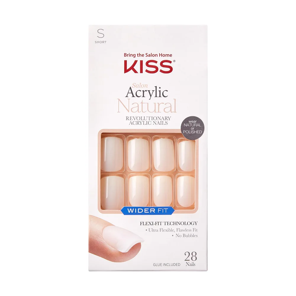 KISS Salon Acrylic Wider Fit Natural Fake Nails, ‘Rare’, 28 Acrylic-Infused, Bubble-Free, Flexible, Durable, False Glue-On Nails