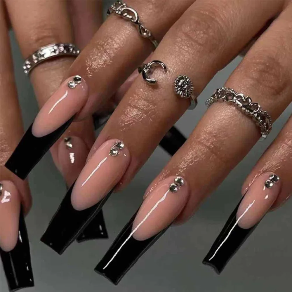 Foccna Long Press on Nails Black Coffin French Fake Nails Full Cover Nude Acrylic False Rhinestone Nails for Women and Girls 24PCS