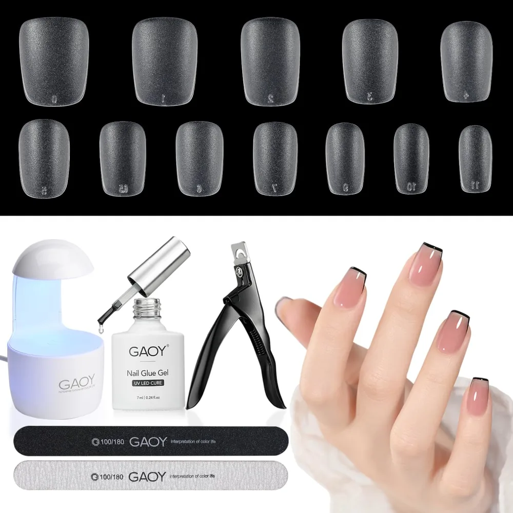 GAOY Nail Tips and Glue Gel Nail Kit, Gel x Nail Kit, Fast Nail Extension Set with Nail Glue Gel, Mini UV Light, 450Pcs Matte Extra Short Square Nails, and DIY Nail Art Tools Acrylic Nail Kit