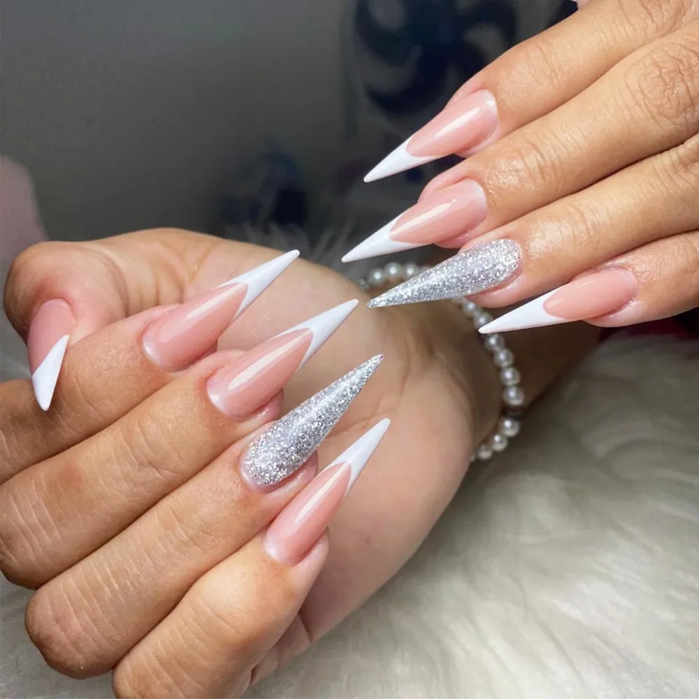 24Pcs White French Tips Long Stiletto Press on Nails, Glossy Nude Glitter False Nails Gel Glue on Nails with Sparkly Design, Shine Manicure Art Acrylic Fake Nails Stick on Nails for Coquette Women