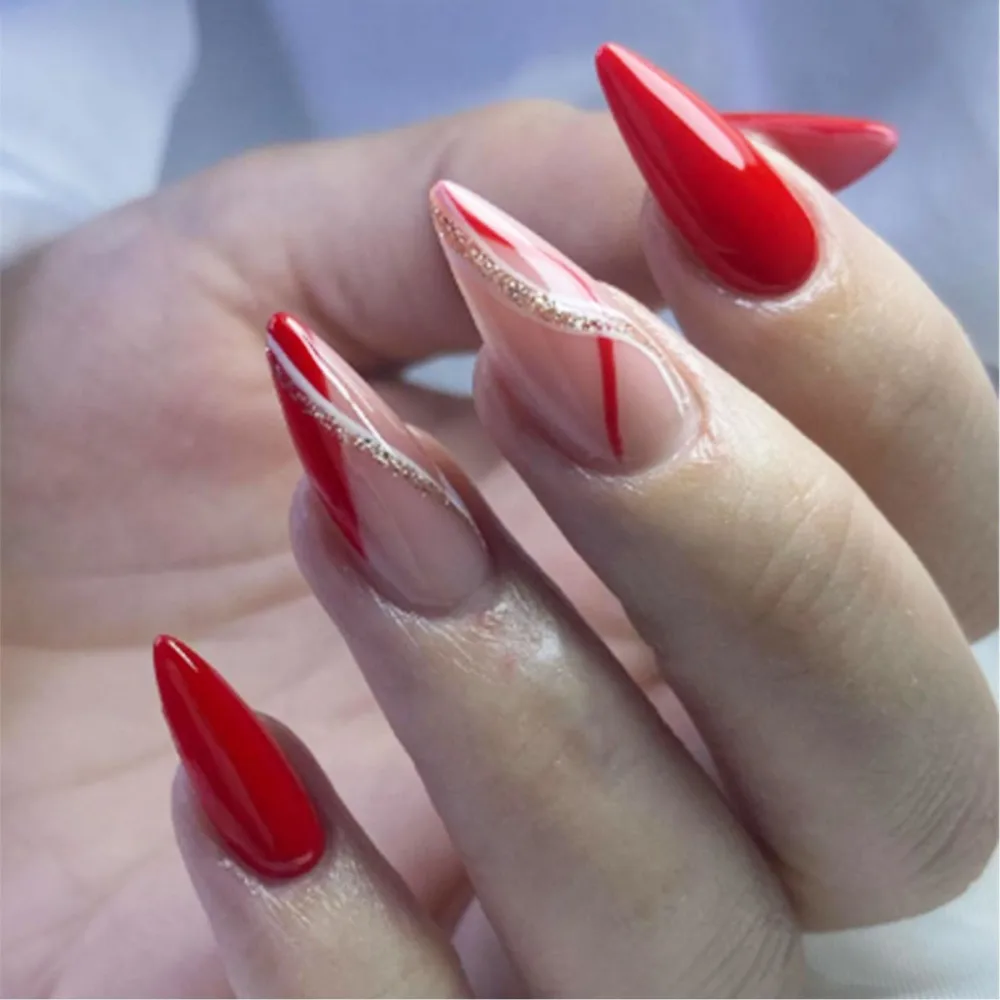 Red Press on Nails Short Almond Shape Medium Acrylic Glue on Almond Shaped Fake Nails with Swirl Glitter Design Full Cover Artificial False Stick on Nail for Girls Women Wedding 24Pcs