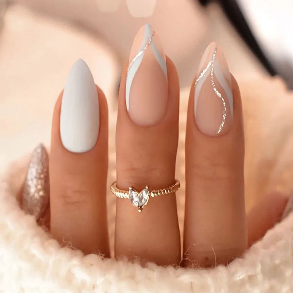 Almond Press on Nails Short Length Acrylic Medium Glue on Almond Shape Fake Nails with Glitter Design Glossy Full Cover Artificial Gel False Stick on Nail for Girls Women Wedding 24Pcs