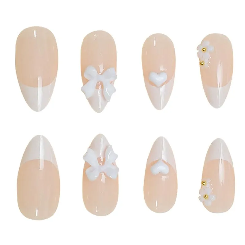 Almond Press on Nails Medium French Tips White Short Almond Shape Acrylic Glue on Fake Nails with 3D Design Glossy Full Cover Artificial False Stick on Nail for Girls Women Wedding 24Pcs
