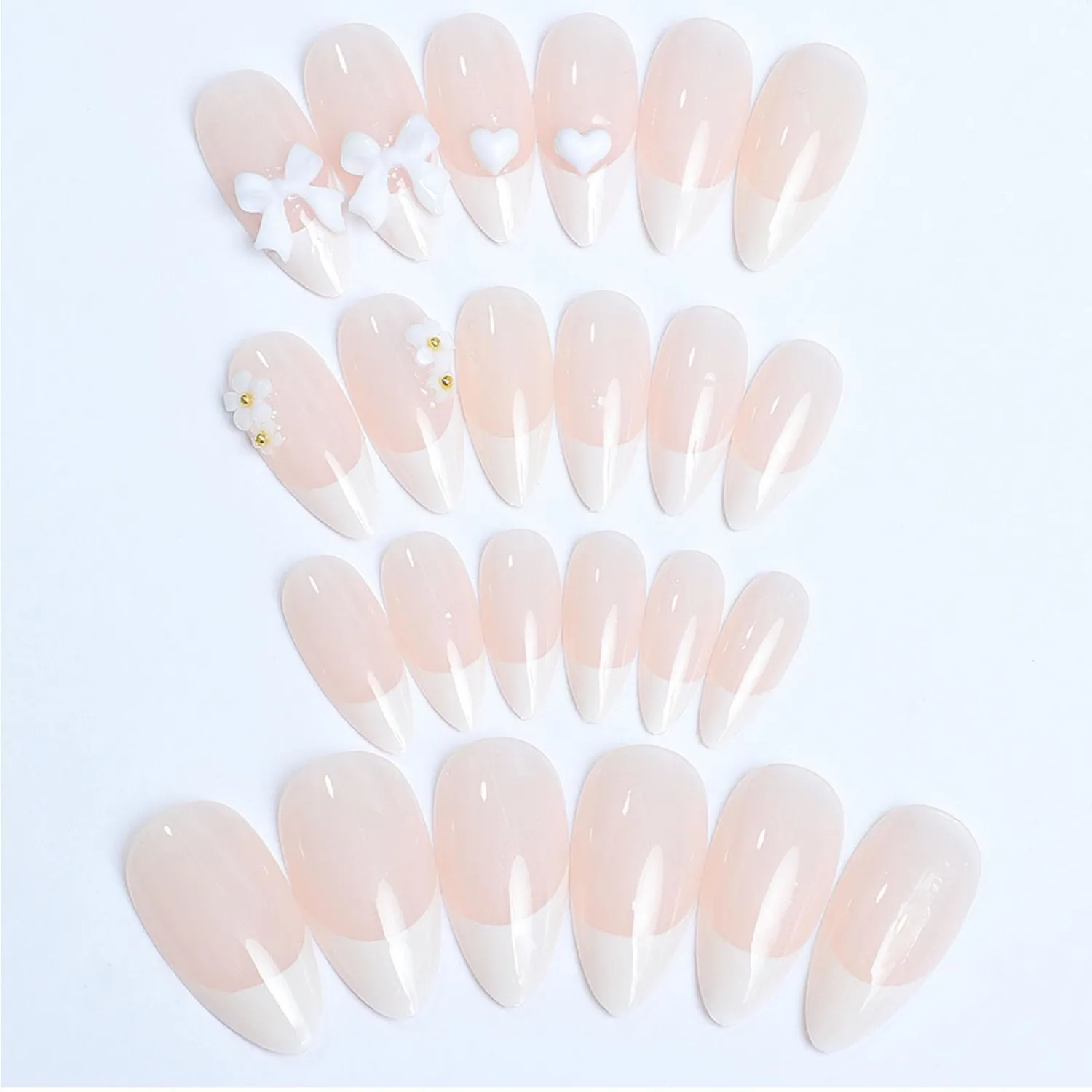 Almond Press on Nails Medium French Tips White Short Almond Shape Acrylic Glue on Fake Nails with 3D Design Glossy Full Cover Artificial False Stick on Nail for Girls Women Wedding 24Pcs