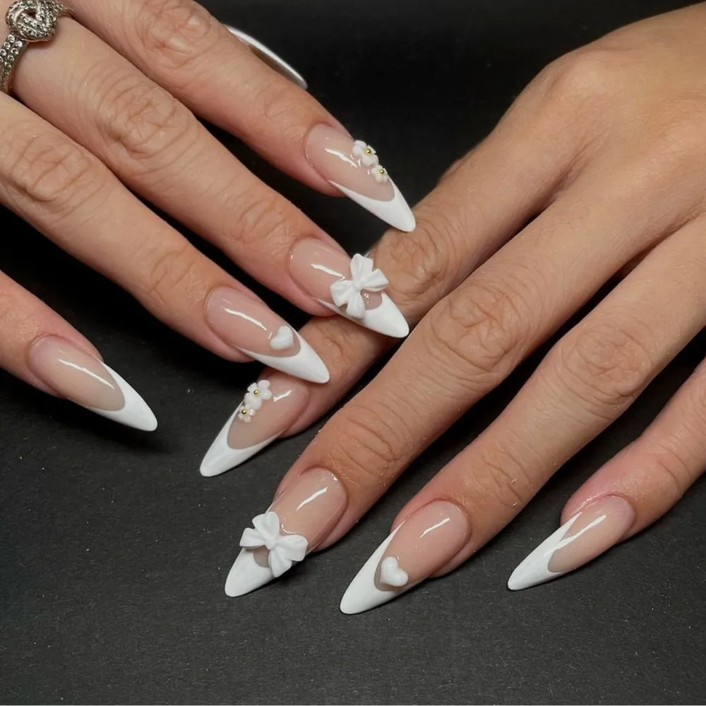 Almond Press on Nails Medium French Tips White Short Almond Shape Acrylic Glue on Fake Nails with 3D Design Glossy Full Cover Artificial False Stick on Nail for Girls Women Wedding 24Pcs