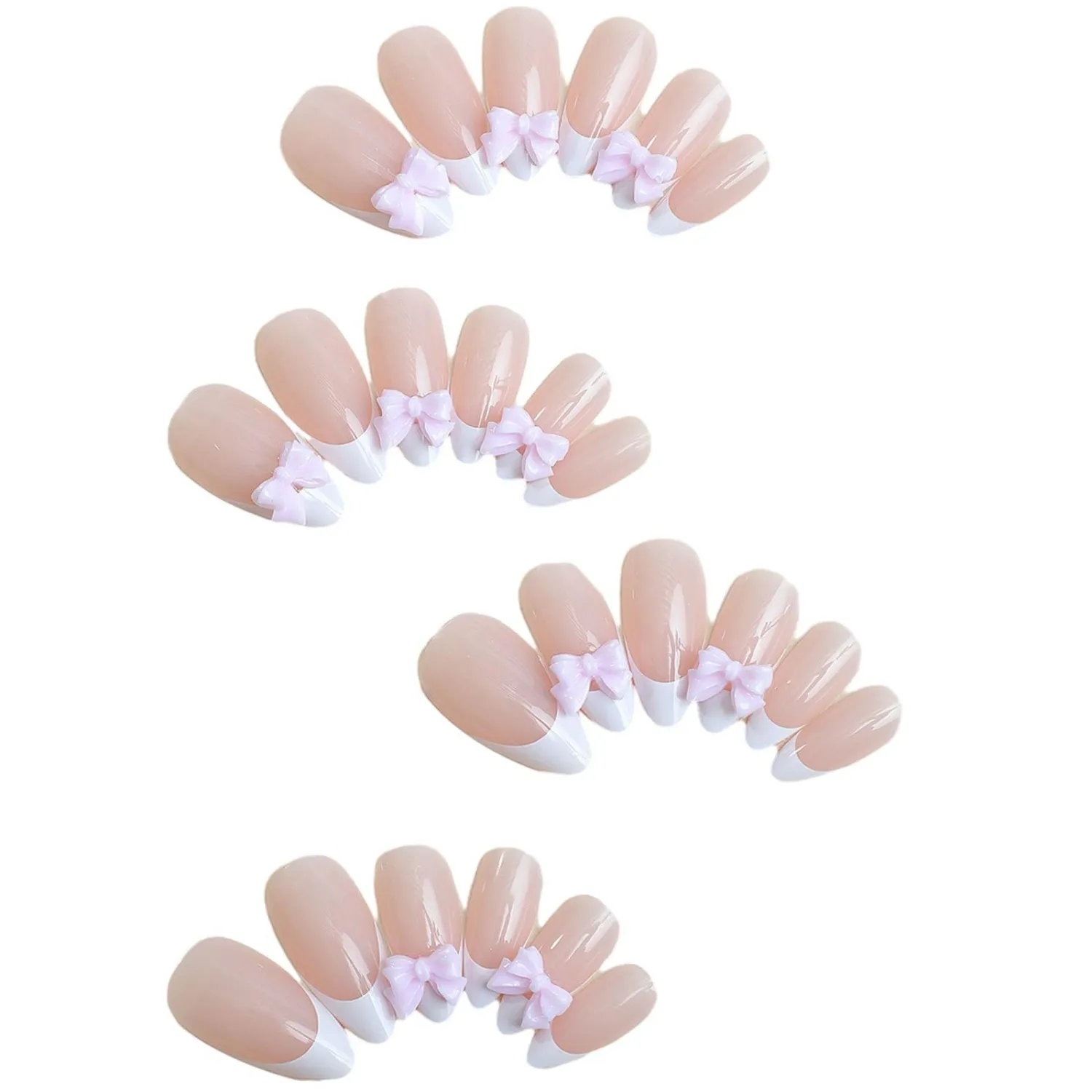 Press on Nails Short Almond Shaped Medium Length Acrylic Glue on Almond Shape Fake Nails with Bow Design Glossy Full Cover Artificial Gel False Stick on Nail for Girls Women Wedding 24Pcs