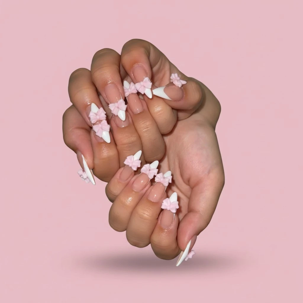 Press on Nails Short Almond Shaped Medium Length Acrylic Glue on Almond Shape Fake Nails with Bow Design Glossy Full Cover Artificial Gel False Stick on Nail for Girls Women Wedding 24Pcs