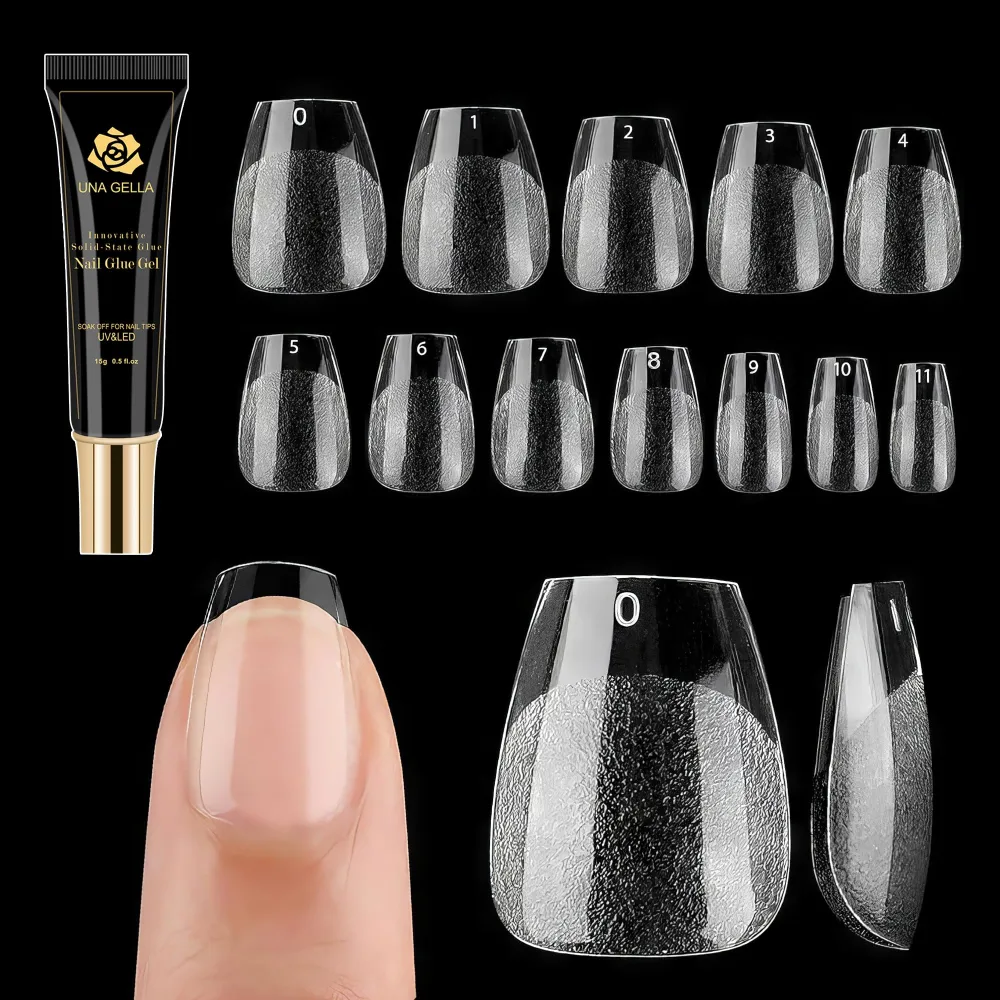 UNA GELLA Extra Short Coffin Nail Tips with Solid Glue Gel, Pre-shape Extra Short Coffin Press on Nails with Super Strong Nail Glue Kit Full Cover Acrylic Short Coffin Fake False Nails 120pcs