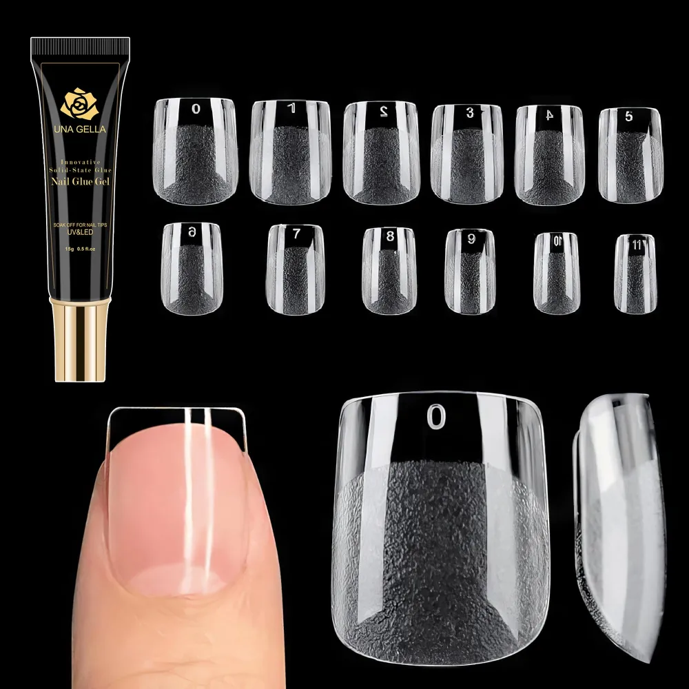 UNA GELLA Extra Short Square Nail Tips with Glue Gel Kit 120pcs Full Cover Acrylic Short Square False Nails Tips with Solid Soak Off Glue Super Strong Nail Glue Gel Set for DIY Salon 12 Sizes