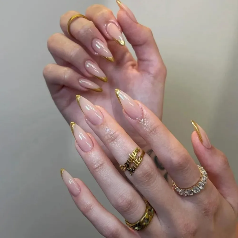 24Pcs French Tip Press on Nails Long Nude Fake Nails with Stiletto Design Almond Acrylic Nails Glue on Nails Fit Perfectly & Natural Reusable Gold Glitter False Nails for Women Manicure