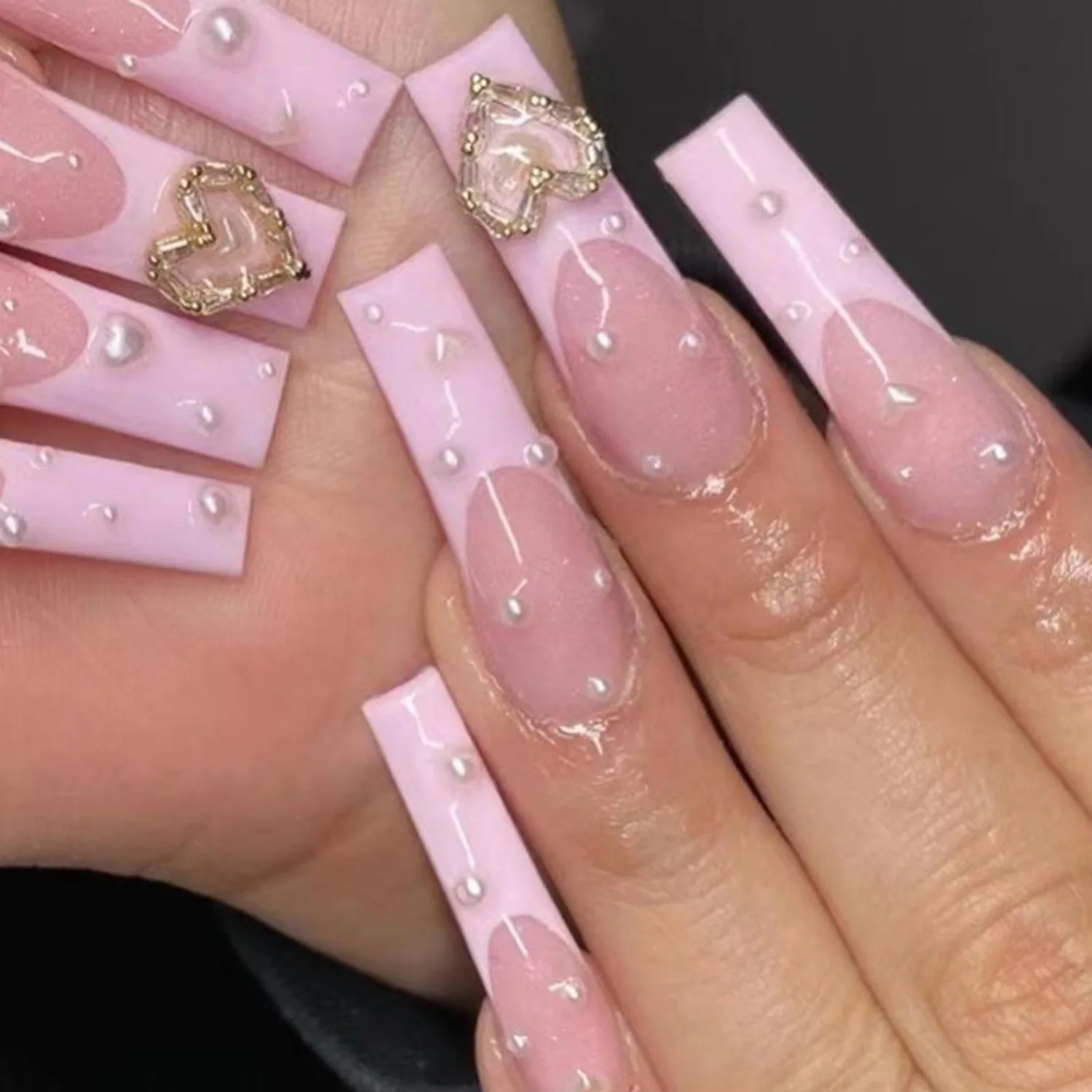 Coffin French Press on Nails Acrylic Heart Long Fake Nails Full Cover Ballerina Pink False Nails for Women and Girls 24PCS