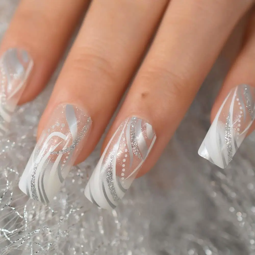 Square Fake Nails Long Length Predesigned False Nails (Clear white)