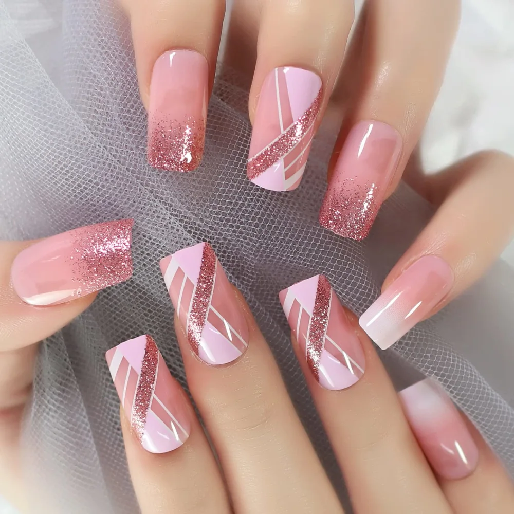 Pink Glitter French Line Geometry False Nails Medium Square Glossy White Squoval Shiny Classy Press On Nails 24 pcs/kit