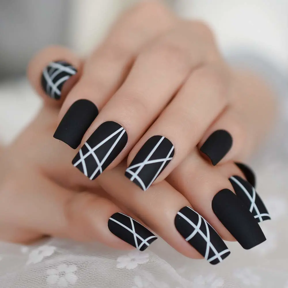 Matt Black Fake Nails Visible Trails of Planets Faux Ongle Square Press On Finger Manicure with Adhesive Tabs 24