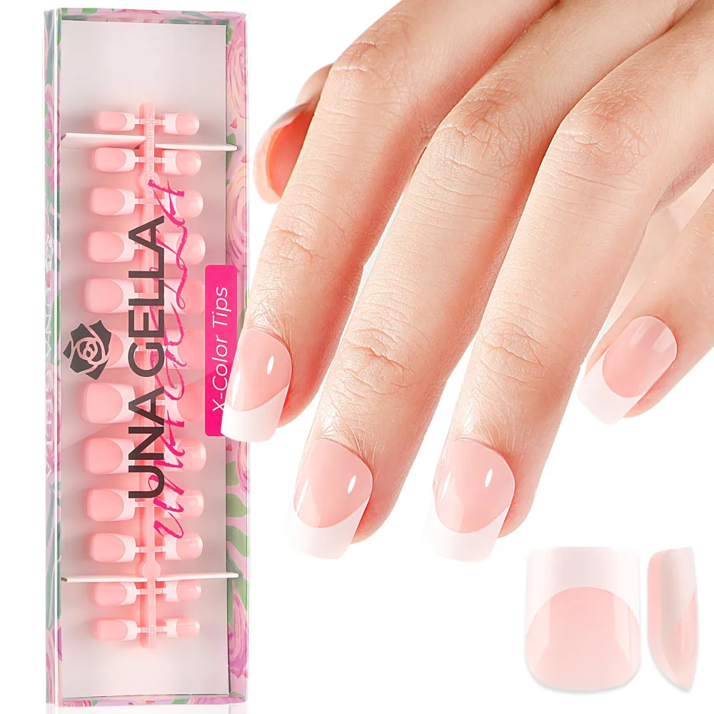 UNA GELLA French Tip Press On Nails Pink Extra Short Square French Nail Tips 120Pcs Square French Tip Gel X Nails X-Color Tips Pre-buff No Need to File Fake Nails for Nail Art DIY 12 Sizes Inner Matte