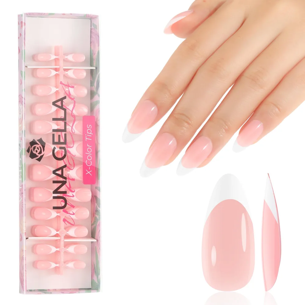 UNA GELLA French Tips Press On Nails Pink Almond French Nail Tips 120Pcs Medium Almond X-Color Tips Pre-finish Tip Primer & Base Coat No Need to File Fake Nails for Art DIY 12 Sizes Inner-sided Matte