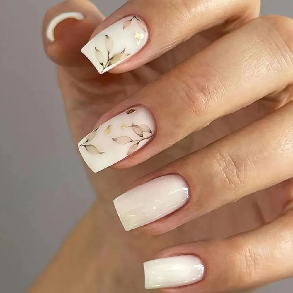 Medium Press on Nails - Diowino 24Pcs Square Fake Nails Leaf Full Cover False Nails Spring Fresh and Elegant Acrylic Nails Glossy Milk-White with Leaves Glue on Nails for Women Girls