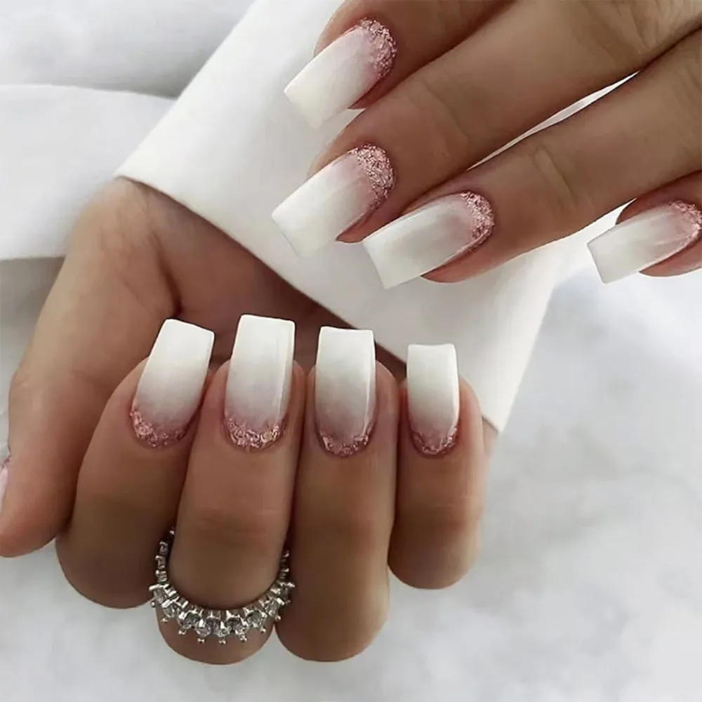 QINGGE Press on Nails Long Fake Nails White Coffin Nails with Glitter Design Glue on False Nails Glossy Acrylic Nails Stick on Nails for Women 24Pcs