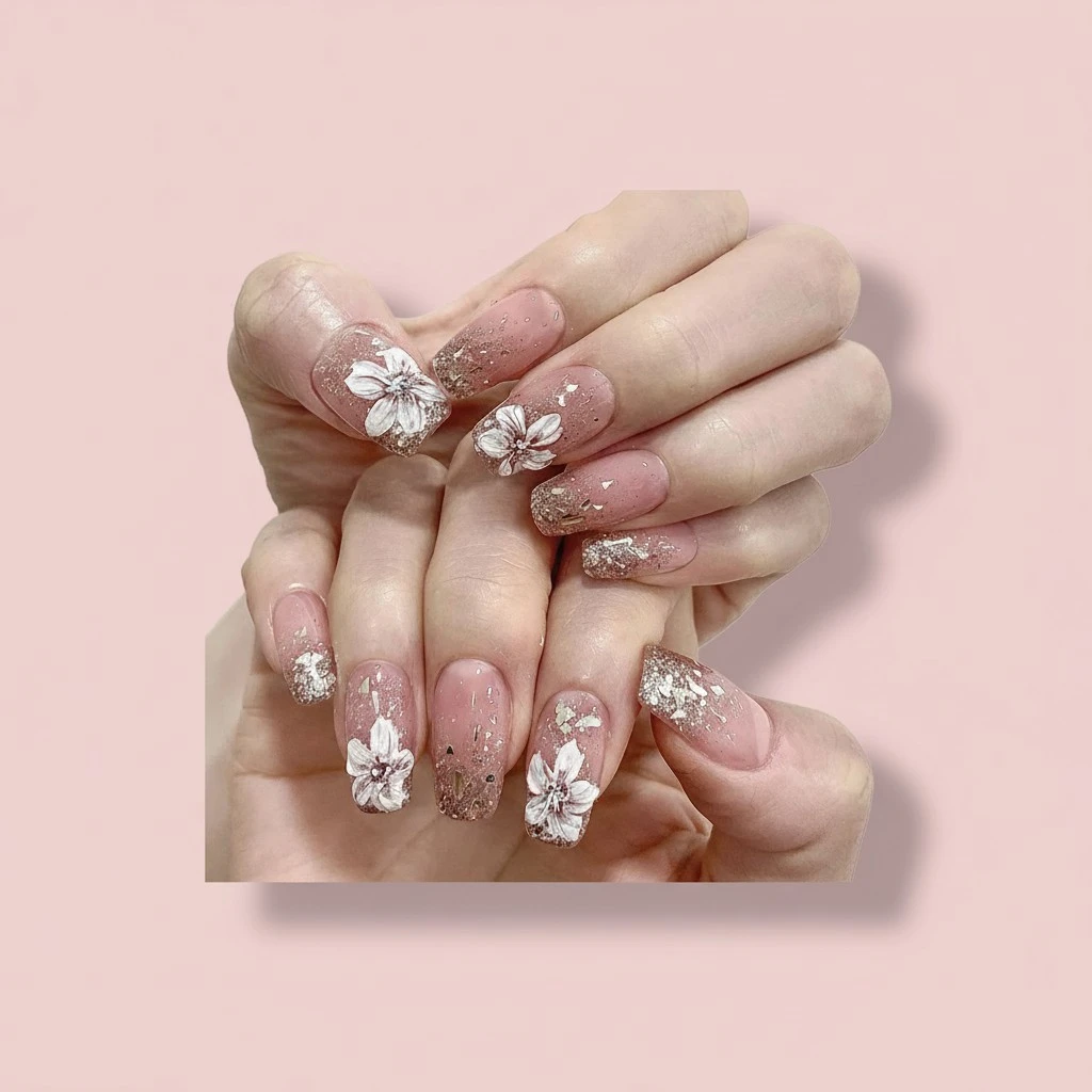 Press on Nails Medium Coffin Pink Fake Nails Acrylic False Nails With White Flower Designs Full Cover Stick on Nails Glossy Glue on Nails for Women