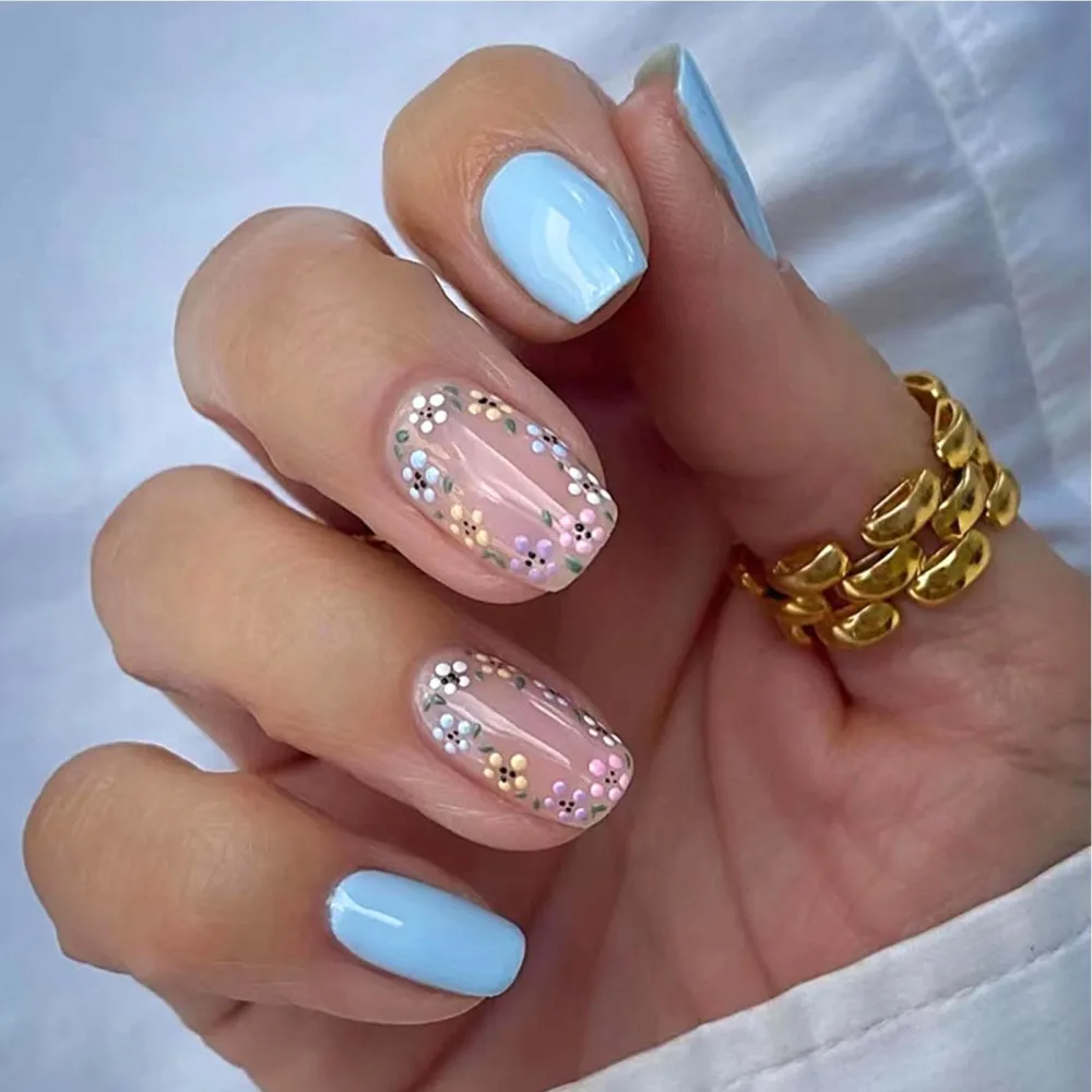 Medium Press on Nails Square False Nails with Flower Designs Acrylic Nails Pink & Sky Blue Full Cover Artificial Square Stick on Nails Summer Cute Fake Nails for Girls and Women 24pcs