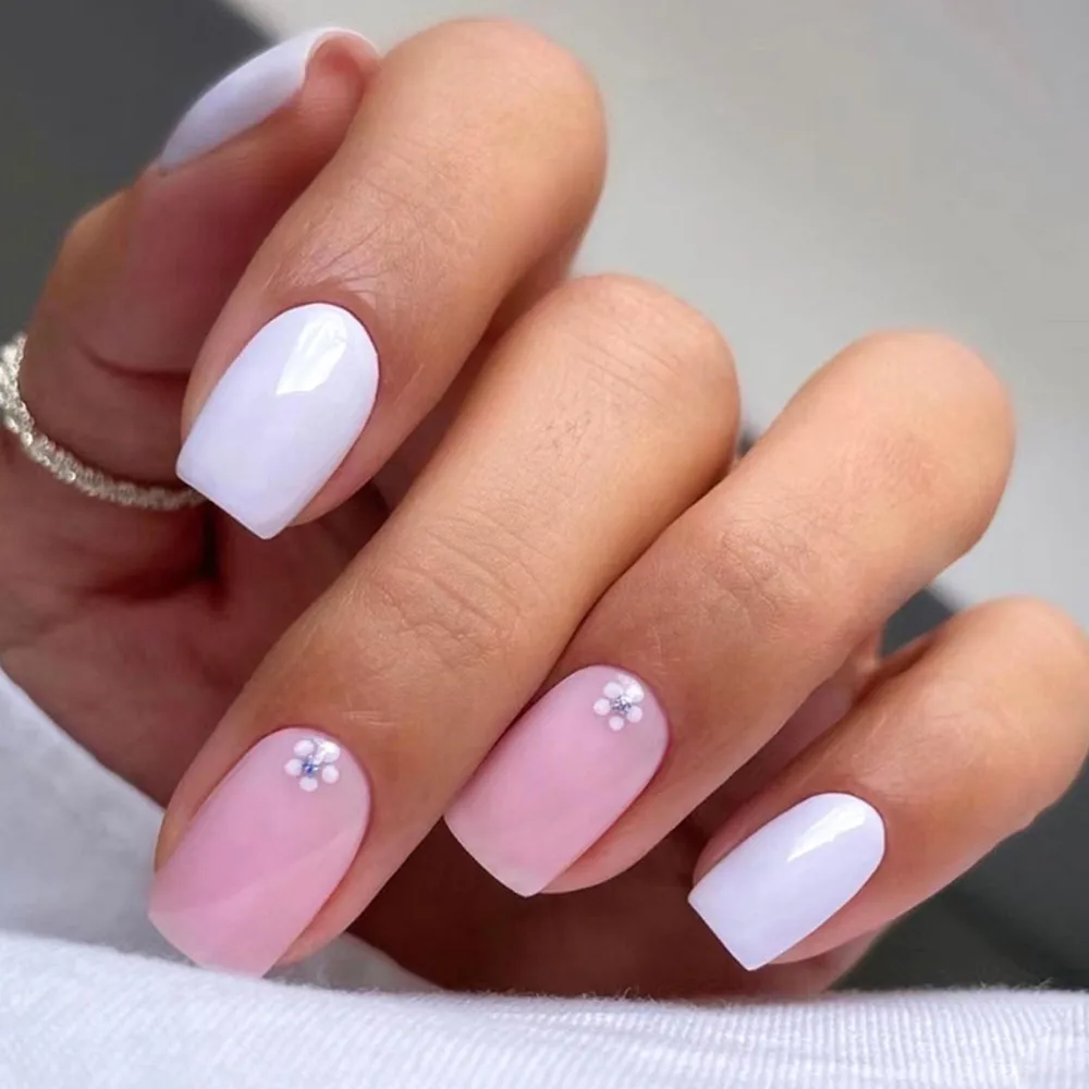 Pink Press on Nails Square Medium Length False Nails with Designs White Acrylic Nails Summer Cute Pink Fake Nails Full Cover Artificial Nails Glossy Stick on Nails for Women 24 Pcs