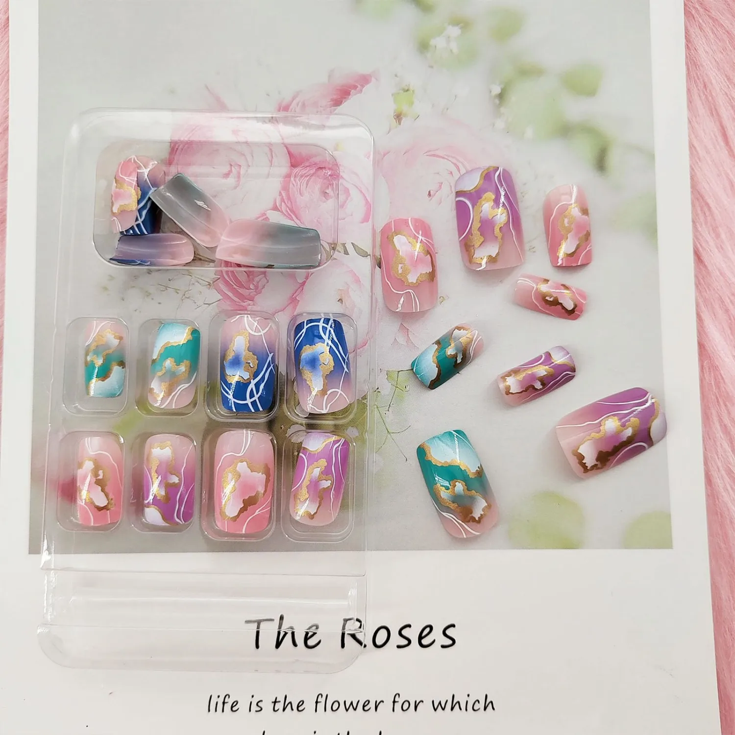 Press on Nails Medium Square Fake Nails Acrylic False Nails with Colorful Clouds Design Glossy Acrylic Nails Full Cover Glue on Nails for Women 24 Pcs