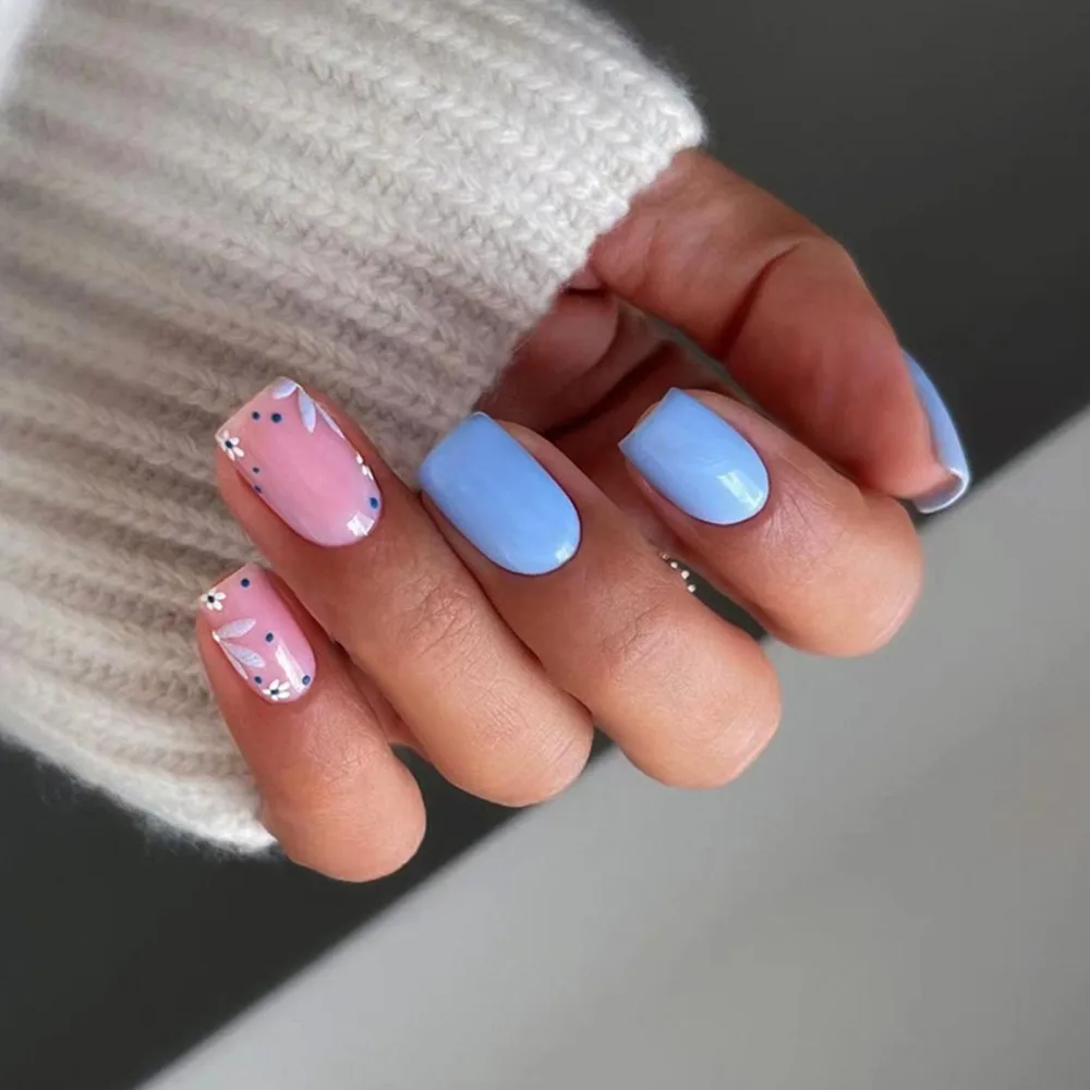 Acrylic Press on Nails Square Medium Length False Nails with Designs Pink Fake Nails Summer Cute Glue on Nails Pink Blue Full Cover Artificial Nails Glossy Stick on Nails for Women and Girls 24 Pcs