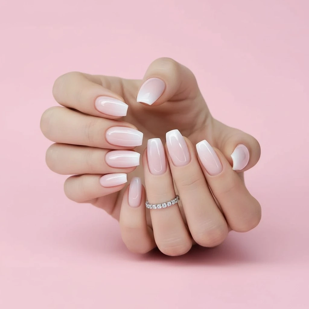 Square Press on Nails Medium Pink Fake Nails with Glue Pink & White Gradient Designs Glue on Nails Full Cover False Nails Artificial Acrylic Nails for Women