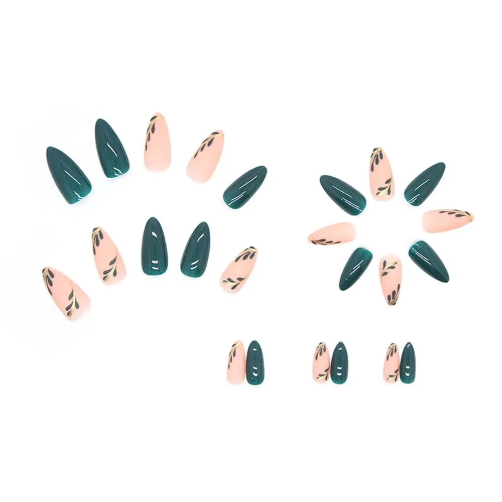 24 Pcs Dark Green Matte Press on Nails Almond - YEFIUO French Short Almond Fake Nails Press ons Nail Tips with Design Full Cover False Nails Glue on Nails Stick on Nail Artificial Acrylic Nail Art Kit