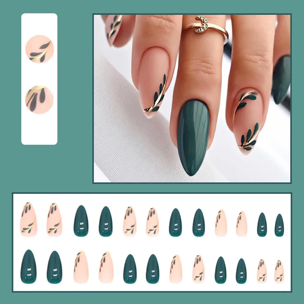 24 Pcs Dark Green Matte Press on Nails Almond - YEFIUO French Short Almond Fake Nails Press ons Nail Tips with Design Full Cover False Nails Glue on Nails Stick on Nail Artificial Acrylic Nail Art Kit