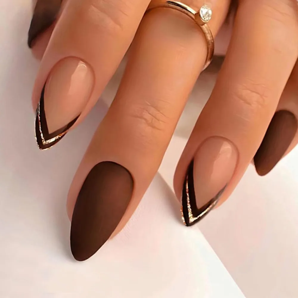 24 Pcs Chestnut Matte Press on Nails Almond - YEFIUO French Short Almond Fake Nails Press ons Nail Tips with Design Full Cover False Nails Glue on Nails Stick on Nails Artificial Acrylic Nail Art Kit