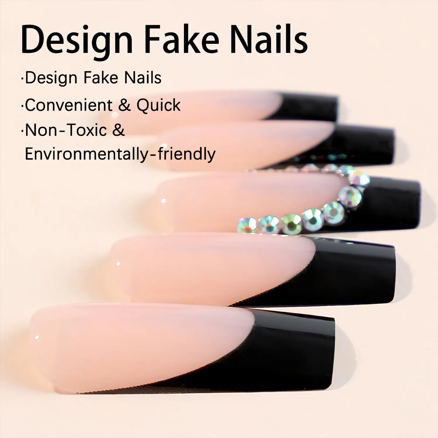 French Tip Press on Nails Medium Square Fake Nails Black French Long False Nails Glossy Nude Glue on Nails with Rhinestones Luxury Reusable Full Cover Acrylic Nails for Women Nail Decoration 24Pcs
